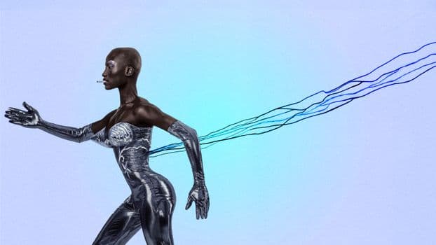 A futuristic art piece showcasing a cybernetic fashion model with wires, set against a light blue background.