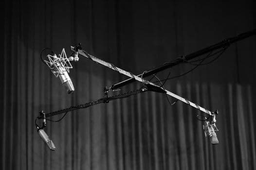 Black and white image of microphones hanging in a studio setting. Perfect for audio production themes.