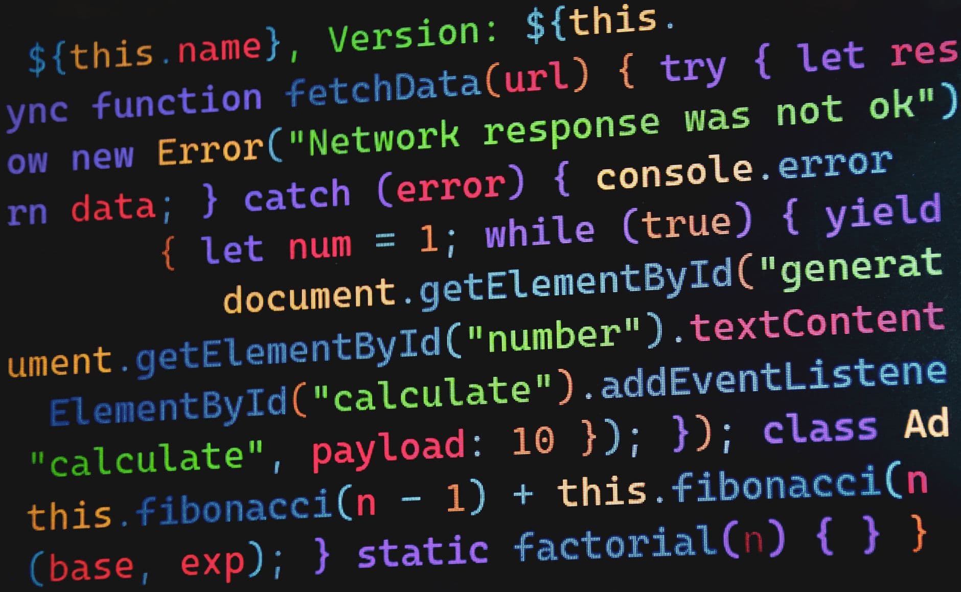 Vibrant JavaScript code displayed on a screen, highlighting programming concepts and software development.