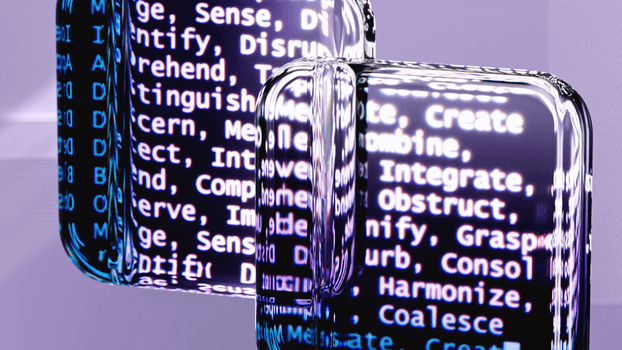 Abstract glass surfaces reflecting digital text create a mysterious tech ambiance.