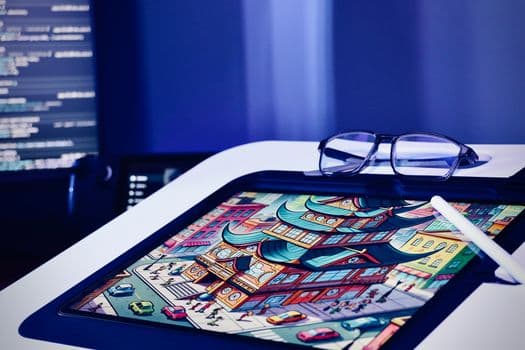 Digital artwork on a tablet with stylus and glasses in a creative setting.